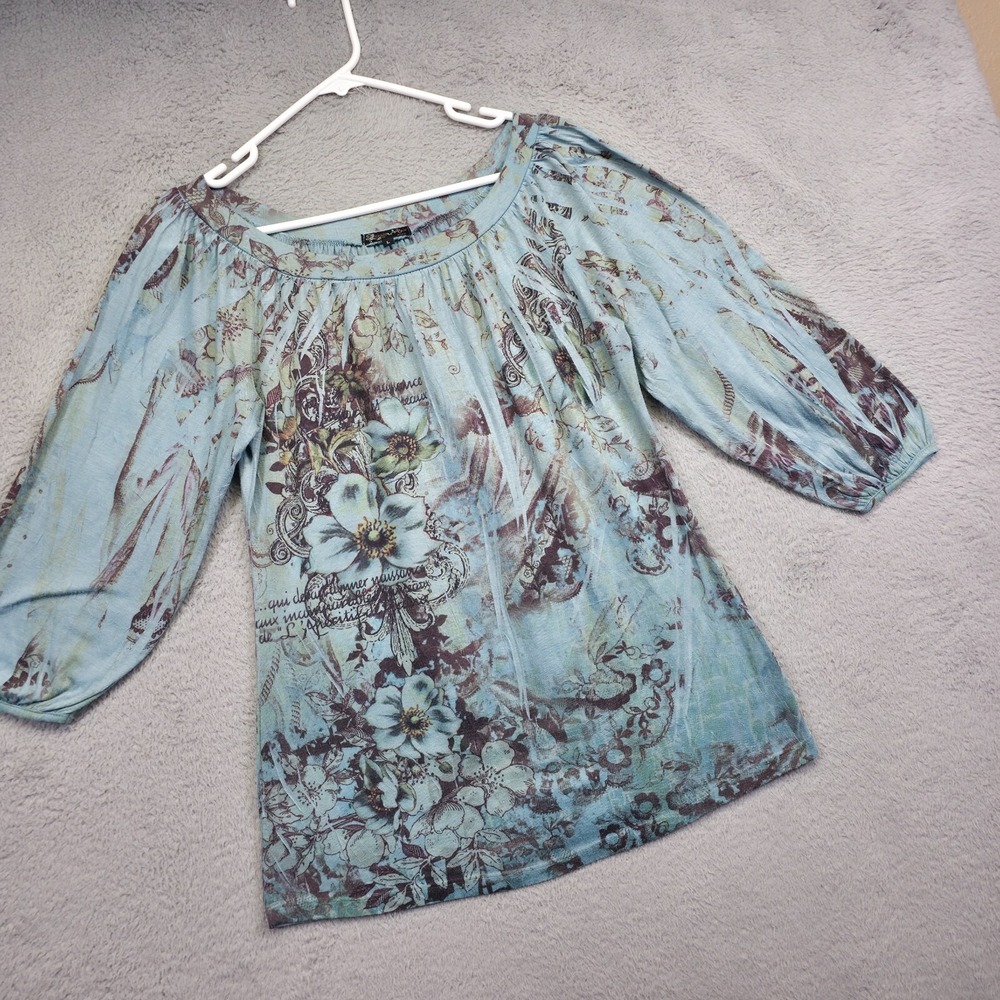 Jessica Max Top Womens L Blue Round Neck Floral Knit Y2K Fairy Artsy Made in USA
